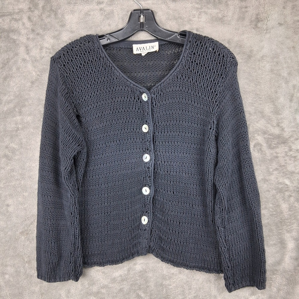 Vintage Avalin Cardigan Sweater Black Chunky Open Knit USA Made Needs Repair